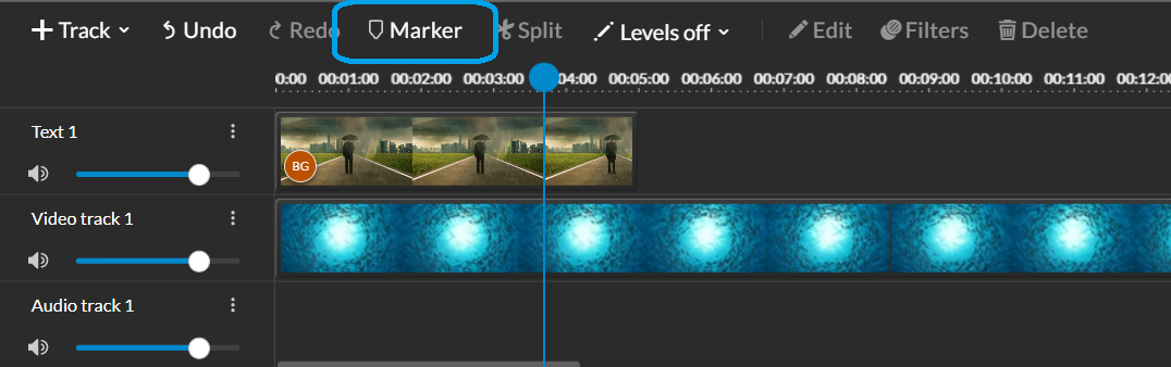 Detailed view of the WeVideo interface timeline, featuring a man under an umbrella clip.