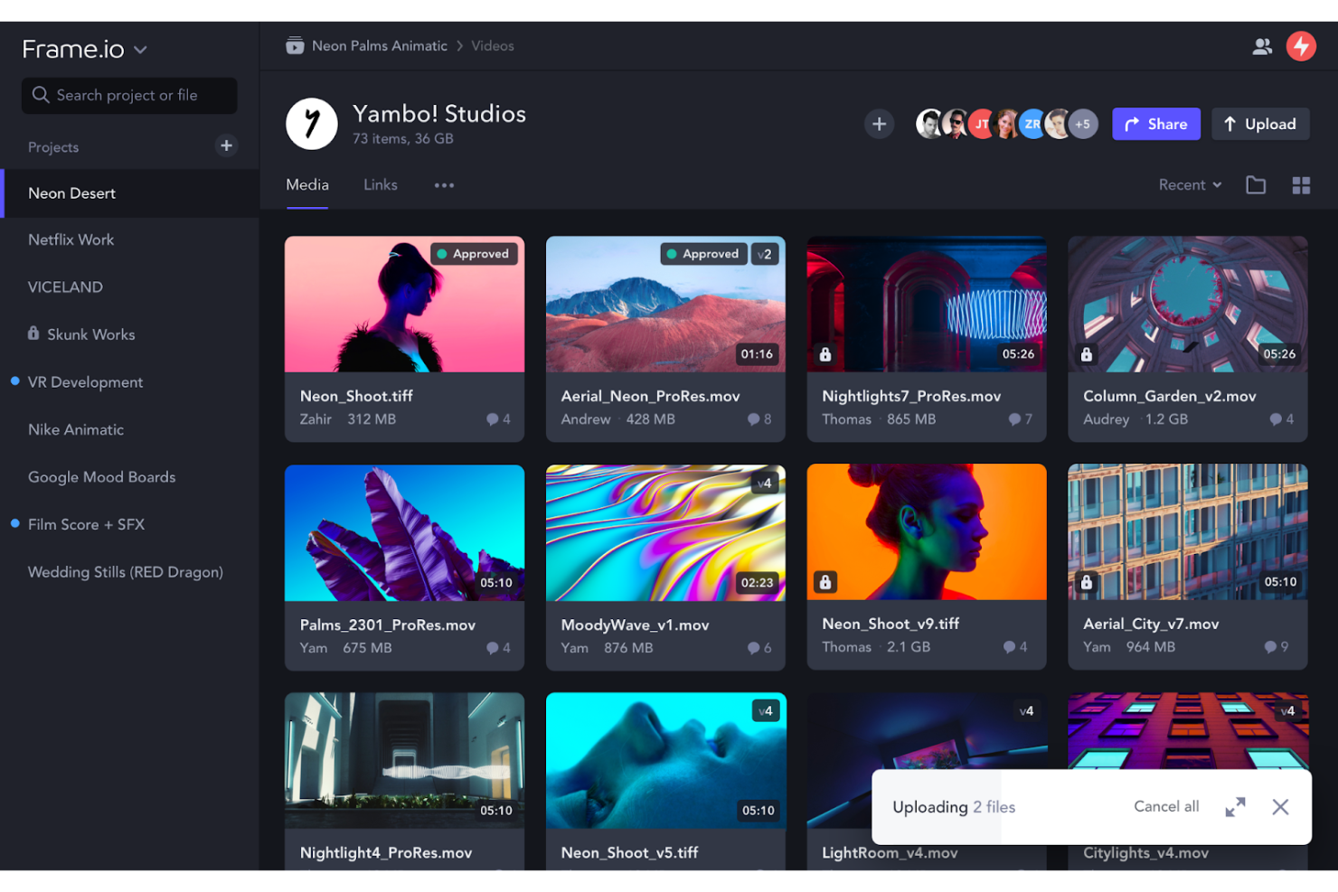 Digital workspace showing the Frame.io interface with video files and project folders.