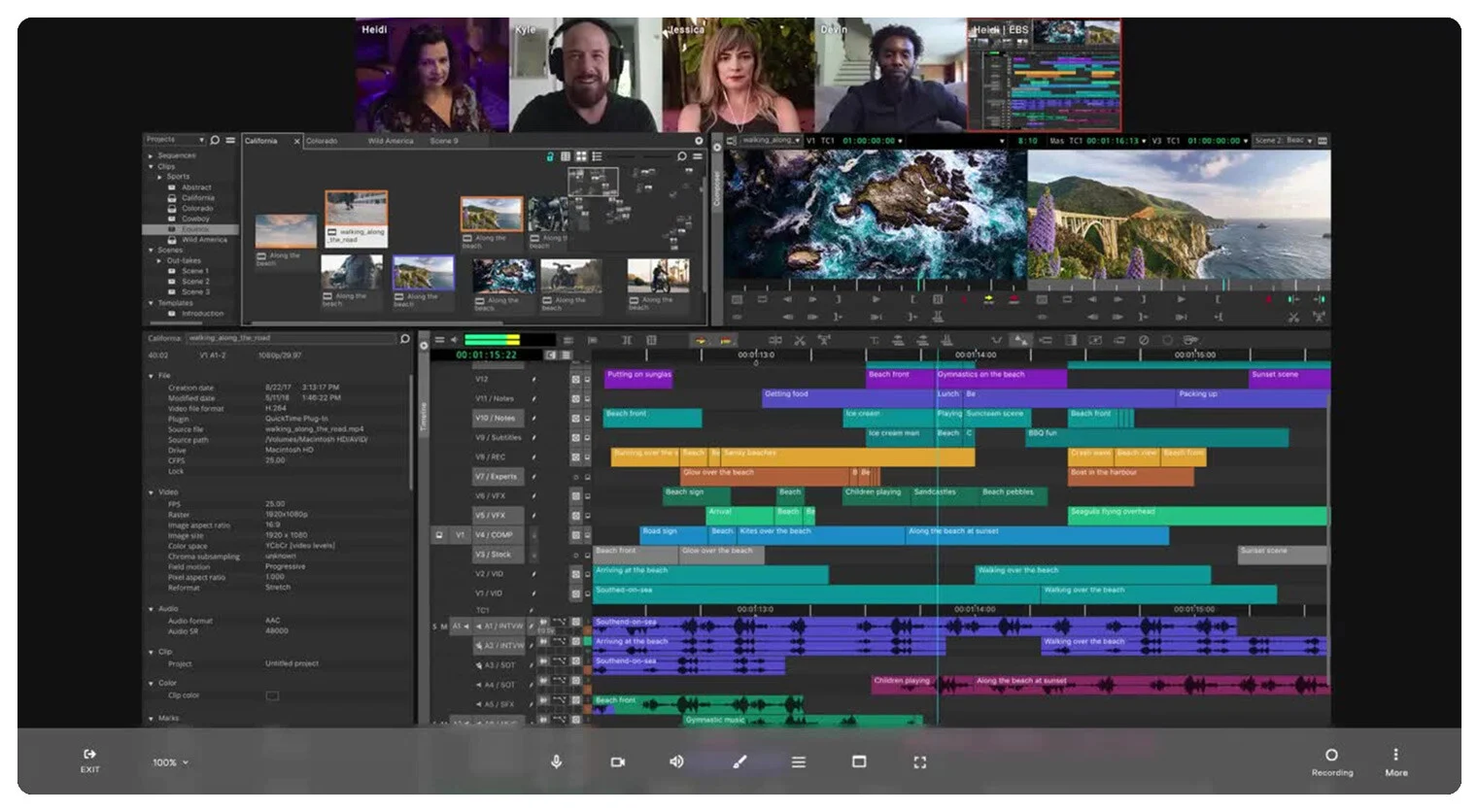 Digital workspace showing an extensive video editing timeline overlayed with a video call.